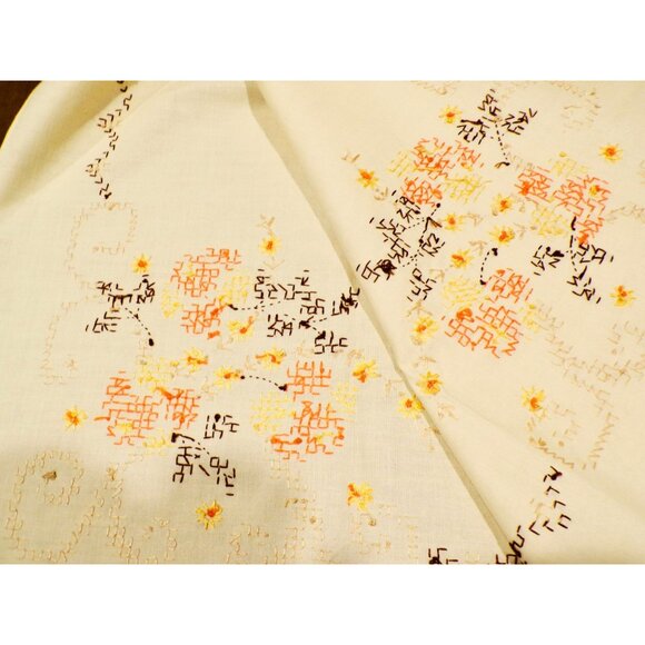 Vtg Hand Embroidered Floral Ecru Tablecloth Cross-Stitched Orange Yellow Brown - Picture 2 of 7